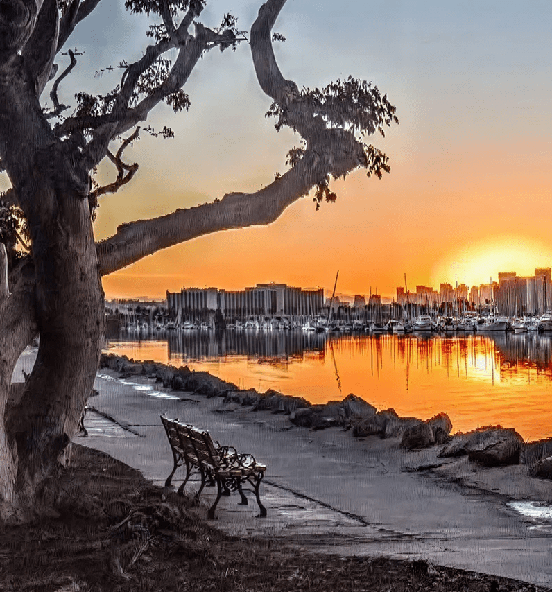 Benches facing sunset-lit harbor