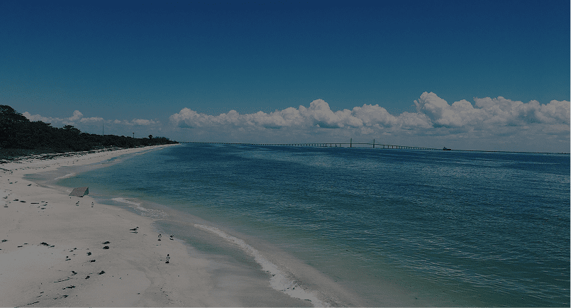 Serene coastline with distant bridge